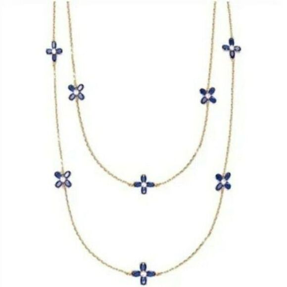 NWT Tory Burch Gold Blue Zircon Four Leaf Clover Elongated 21 in. Neckla… - Picture 2 of 11